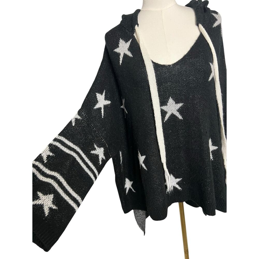 POL Black White Star Hooded Oversized Sweater Hooded Tunic Size Small Boho Indie - Picture 5 of 8